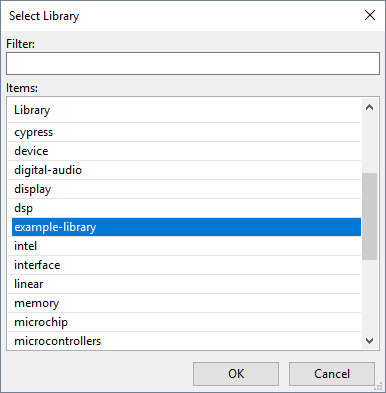 Screenshot showing the 'Select Library' window, highlighting a library named 'example-library'